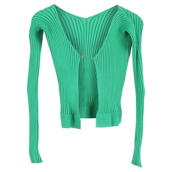 Jacquemus Pralù Cropped Embellished Ribbed-knit Cardigan In Green Viscose